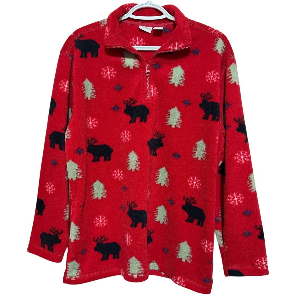 Cherokee Women's Red Fleece Jacket Quarter Zip Moose Trees Snowflakes Size M